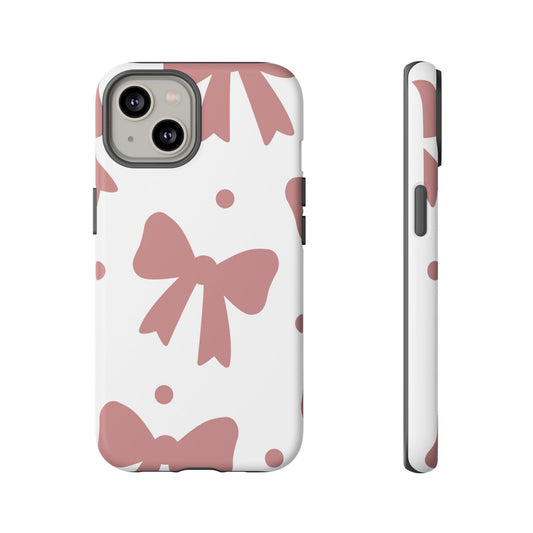 Bow Pattern Tough Phone Case — Cute Pink Bows on White Protective Cover