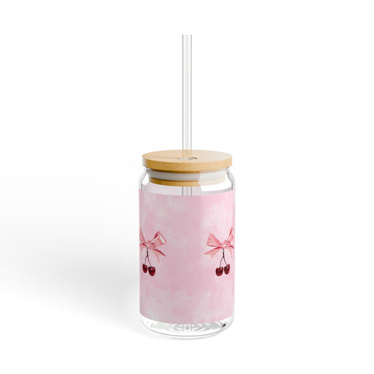 Cherry Bow Sipper Glass — 16oz Pink Floral Drink Jar with Straw