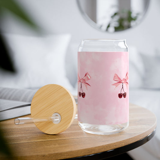 Cherry Bow Sipper Glass — 16oz Pink Floral Drink Jar with Straw