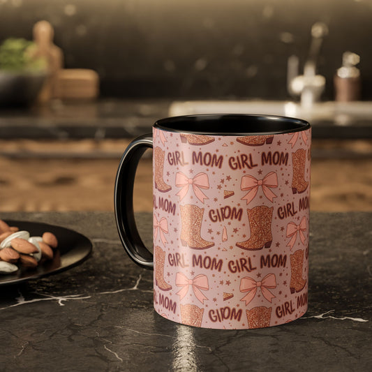 Girl Mom Pink Glitter Boots Coffee Mug — 11oz & 15oz Colorful Ceramic