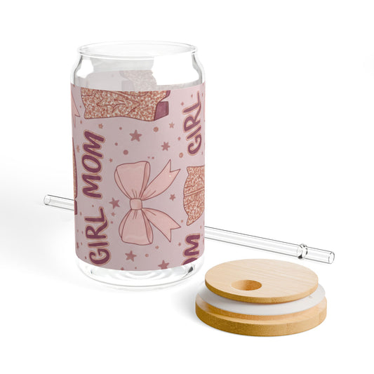 Girl Mom 16oz Sipper Glass – Pink Glitter Boot & Bow Design